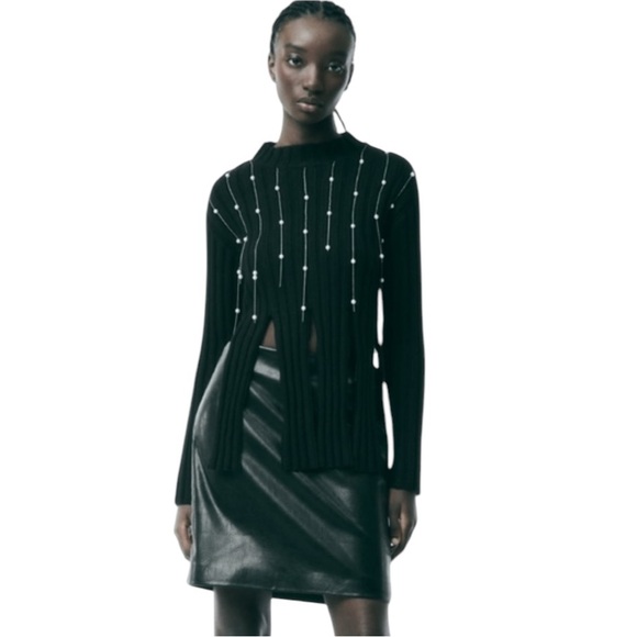 Zara Fringed Pearl Knit Wool Blend Sweater - Picture 2 of 16